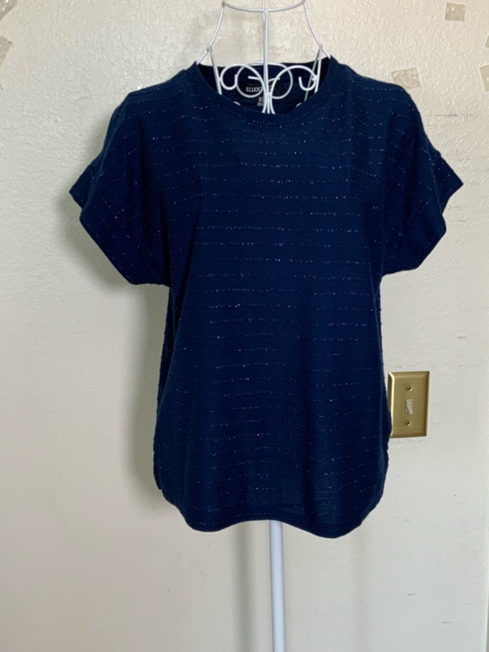 Ellen Tracy Navy Short Sleeve Metallic Thread Knit Top